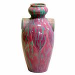 Japanese Awaji Art Pottery Pink Vase with Epaulette Handles
** Circa 1930
** tall vase with garlic neck, shoulders, and incised organic swag and pink and blue flambe glaze.
** H: 12 1/8, Dia: 6 1/8
** $3,500